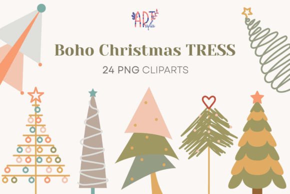Boho Hand Drawn Christmas Trees Clipart & Illustrations