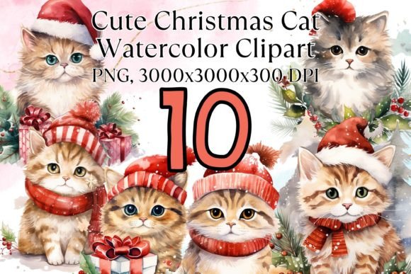 Christmas Cat Watercolor Clipart Bundle: Illustrations