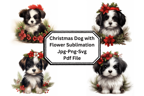 Christmas Dog with Flower Sublimation Illustrations