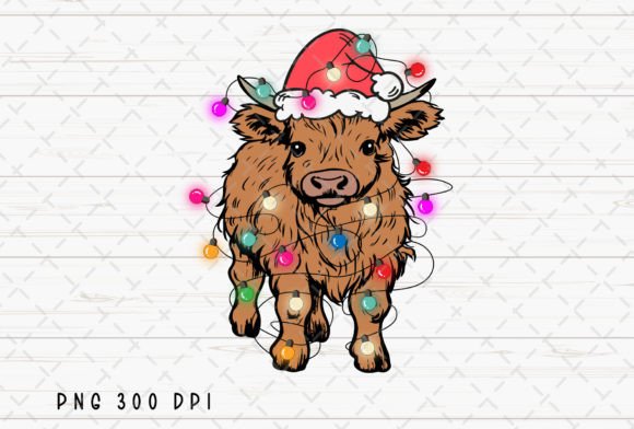 Christmas Lights Baby Highland Cow PNG: Illustrations