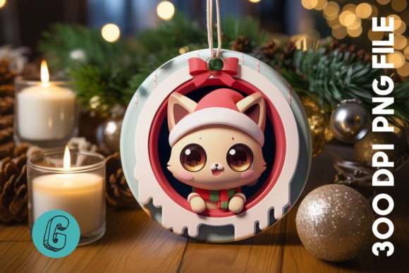 Cute Cat Christmas Ornament Front 12 Illustrations