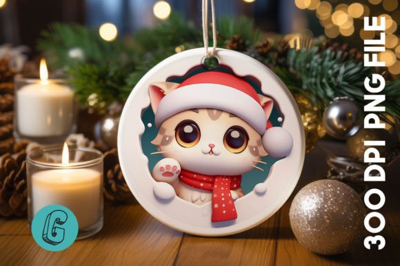 Cute Cat Christmas Ornament Front 14 Illustrations