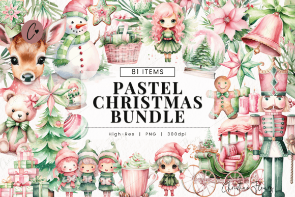 Pink Green Pastel Christmas Bundle: Soft Illustrations