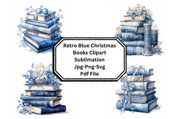 Retro Blue Christmas Books Clipart for Illustrations