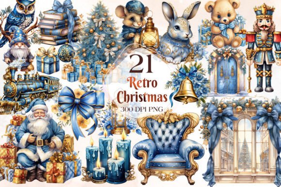 Retro Blue Christmas Sublimation Clipart & Illustrations