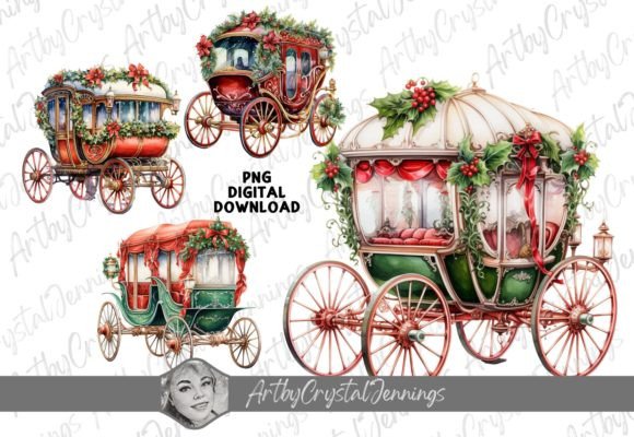 Vintage Christmas Carriage Watercolor Illustrations