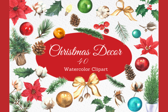 Watercolor Christmas Decoration Clipart: Illustrations