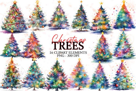 Watercolor Colorful Christmas Tree Illustrations Review